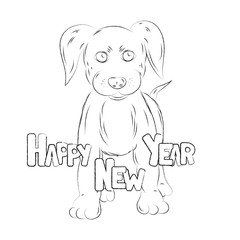 New Year's card with puppy. Hand drawn sketch of dog. Vector illustration. Symbol of 2018. Black and white sample