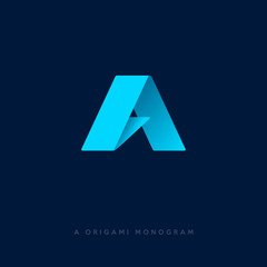 A origami logo.  A letter. A monogram. Blue ribbon as letter A  on a dark background.