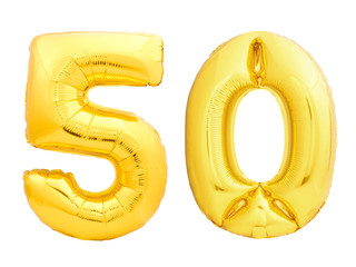 Golden number 50 fifty made of inflatable balloon