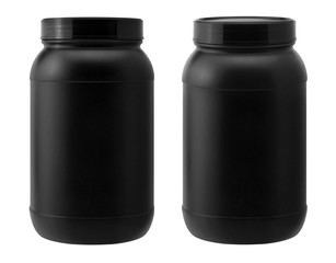 Black plastic bottle isolated on white background.