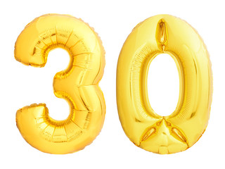 Golden number 30 thirty made of inflatable balloon