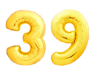 Golden number 39 thirty nine made of inflatable balloon