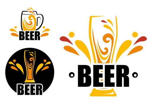  Set Logo beer shop. Vector illustration of a beer sign. Orange and yellow splashes of drink in a mug. Symbol glass beer. Flat style. Symbol one glass of beer. 