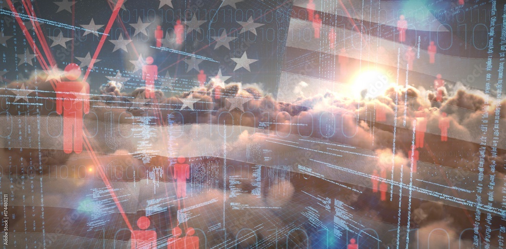 Poster composite image of binary codes and people icons