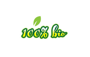 100% bio word font text typographic logo design with green leaf