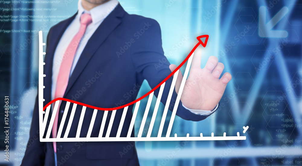 Poster businessman touching technology interface with financial curve and graph