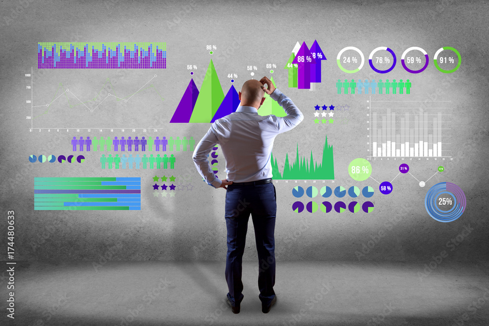 Aufkleber businessman in front of a wall with a business interface with chart graph and stats - business and f