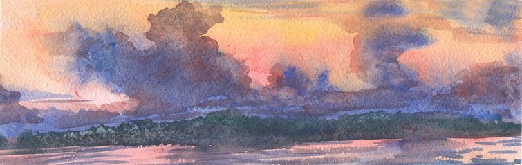 Panoramic landscape with river, sunset, watercolor painting - 174482064