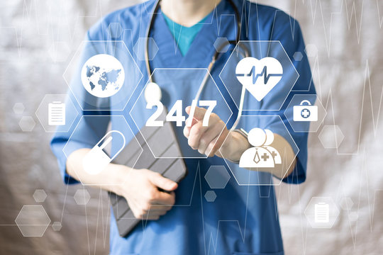 Doctor pushing button 24 hours service virtual healthcare in network medicine