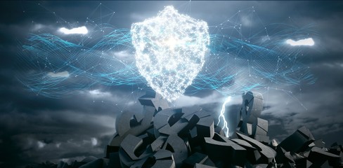 Composite image of composite image of glowing shield and