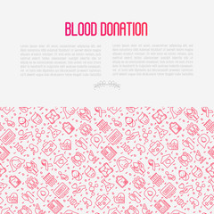Fototapeta na wymiar Blood donation concept with thin line icons and place for text. World blood donor day. Vector illustration for web page, banner, print media.