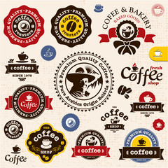 Obraz premium Coffee badges and labels. Bakery and Coffee shop vector sign set. Premium quality coffee sign. Coffee Man emblem.