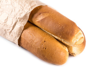 Baguette isolated on white in paper package
