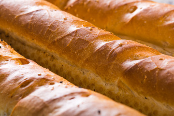 Baguette bread on wooden table