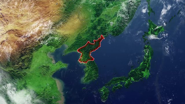 Cartina Corea del Nord e confine, cartina fisica Asia, est-asiatico, cartina con rilievi e montagne e Oceano Pacifico. Mappa della Corea evidenziata in rosso