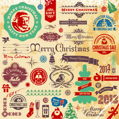 Christmas Ornaments and Decoration Collection. Santa Claus. Christmas Tree. Vintage Retro Christmas Labels and Badges.