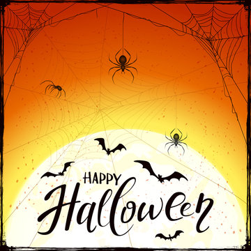 Happy Halloween on orange grunge background with spiders and bats