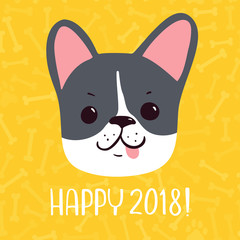 Happy 2018 Vector New Year greeting card. Hand drawn dog.