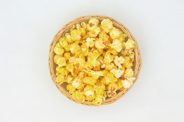 Popcorn in wicker basket.