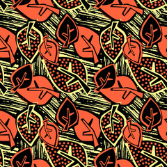 Naklejka premium Seamless autumn leaves pattern,trendy print in collage cut out, carve style.Hand drawn doodle texture.