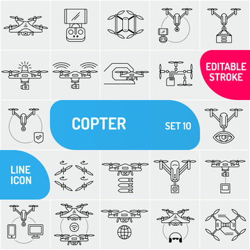 Flying copter line icons. Universal set of drone icons. Can use for web and mobile applications. Vector illustration.