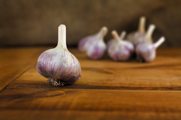 Garlic on vintage wooden table.