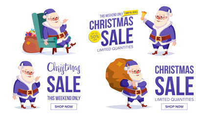 Big Christmas Sale Banner Template With Happy Santa Claus Vector. Sale Background Illustration. For Web, Flyer, Xmas Card, Advertising.