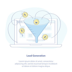 Lead generation, Sales funnel, Marketing process for generating internet business leads. Sales funnel and laptop. Isolated vector illustration.