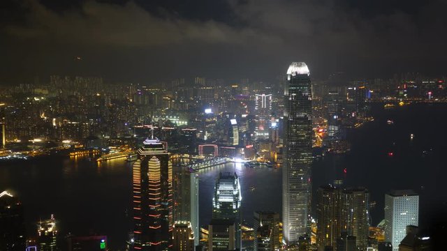 Hong Kong Skyline and a symphony of lights at night. View from the Peak, Central, Causeway Bay, Tsim Sha Tsui, Kowloon cityscape, Time lapse