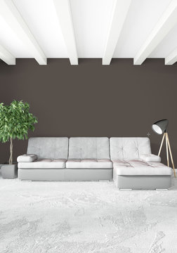 White bedroom or livingroom minimal style interior design with stylish wall and sofa. 3D Rendering. Conept of show room