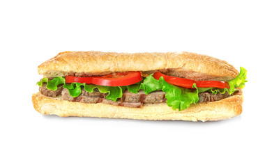 Delicious steak sandwich isolated on white