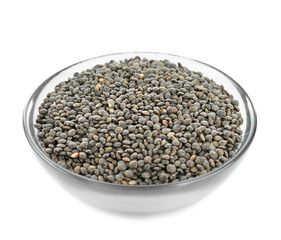 Bowl with healthy lentils, isolated on white