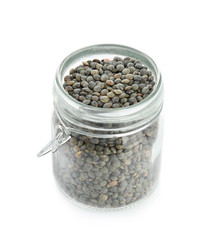 Jar with healthy lentils, isolated on white