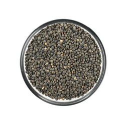 Bowl with healthy lentils, isolated on white