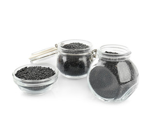 Glassware with healthy lentils, isolated on white