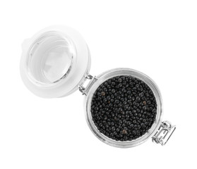 Jar with healthy lentils, isolated on white