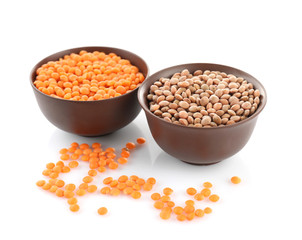 Bowls with healthy lentils, isolated on white