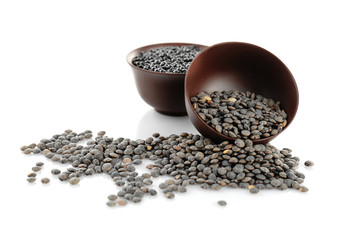 Bowls with healthy lentils, isolated on white