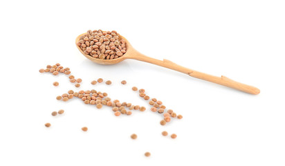 Spoon with healthy lentils, isolated on white