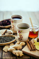 Teas of green and hibiscus with lemon and ginger root