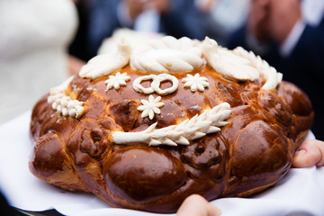 Russian wedding bread with salt. Russian wedding ceremony