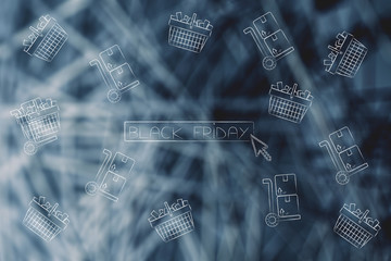 black friday button with cursor surrounded by shopping baskets and parcels to be shipped
