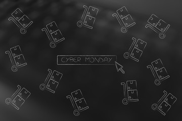cyber monday button with cursor surrounded by parcels to be delivered