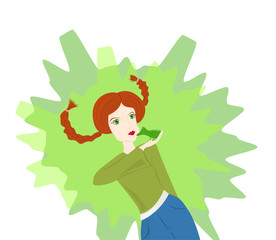 Red-haired girl and a frog