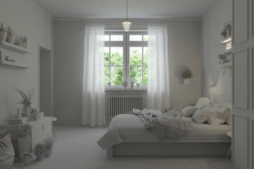 3D Interior rendering of a white bedroom