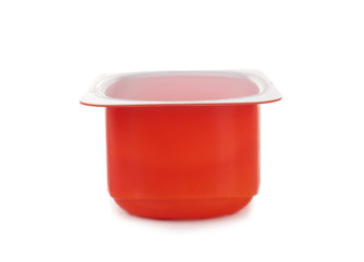 Empty plastic container for yogurt on white background