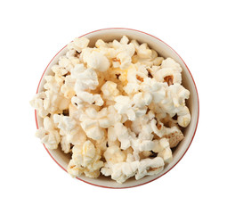 Bowl with popcorn on white background