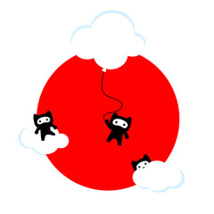 Funny cute kawaii illustration of three ninja cats hiding in clouds over a bright red Sun and a white background (Japanese flag).