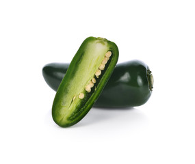 Green chilies (jalapeno) isolated on white background. Close up.
