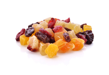 Dried fruits, berries and seeds on white background.